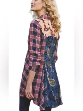 Aratta Silent Journey Womens Top Plaid Mixed Media Velvet Burnout size L